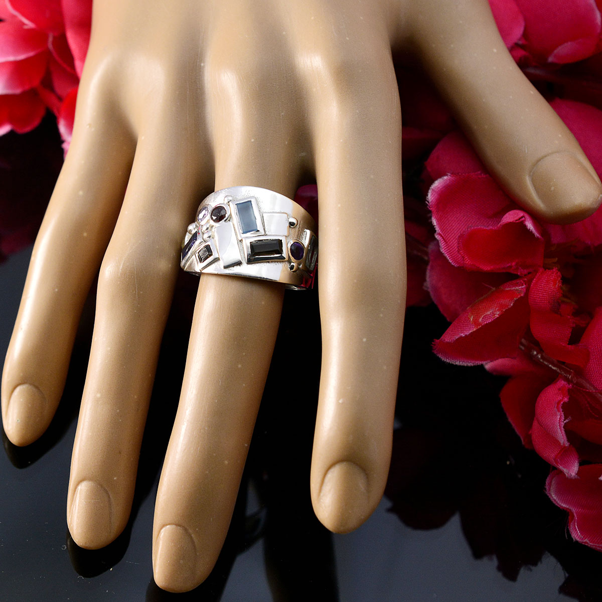 Multi Stone multiple French 925 Sterling Silver multicolor Gemstone Eye catching Abstract Ring Jewellery