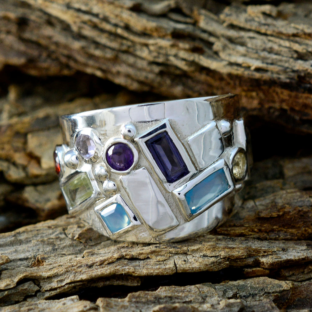 Multi Stone multiple French 925 Sterling Silver multicolor Gemstone Eye catching Abstract Ring Jewellery