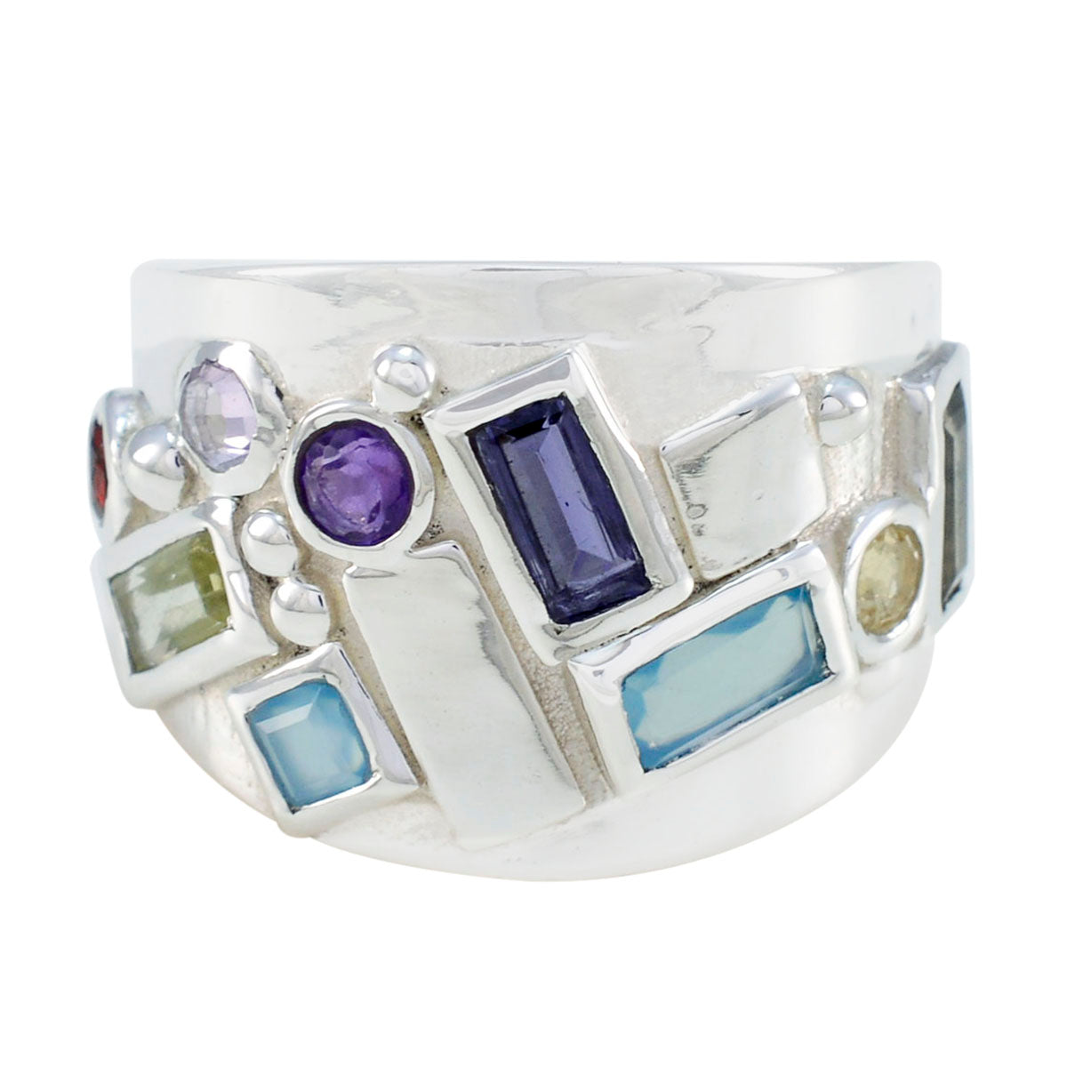 Multi Stone multiple French 925 Sterling Silver multicolor Gemstone Eye catching Abstract Ring Jewellery