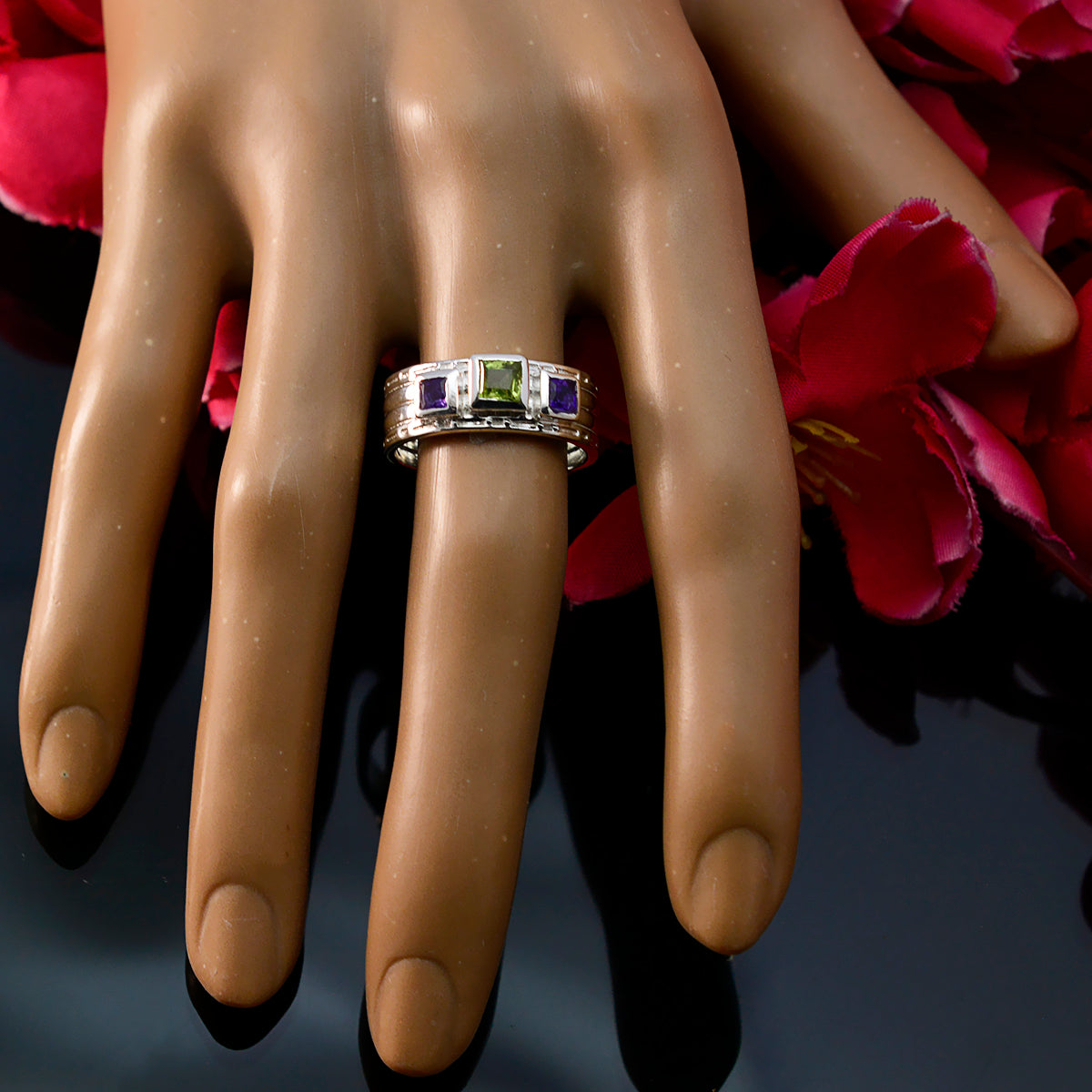 Multi Stone Trilogy Indian 92.5 Silver multicolor Gemstone Eye catching Boho Band Jewelry