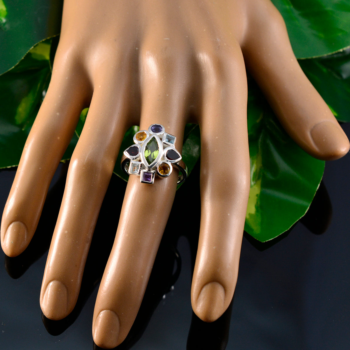 Multi Stone navratna Moroccan 92.5 Silver multicolor Gemstone Eye catching Cocktail Ring Jewellery