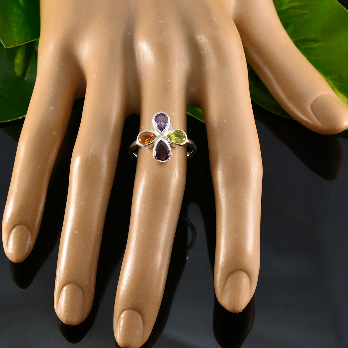 Multi Stone quarter Korean 92.5 Silver multicolor Gems Dainty Floral Ring Jewellery