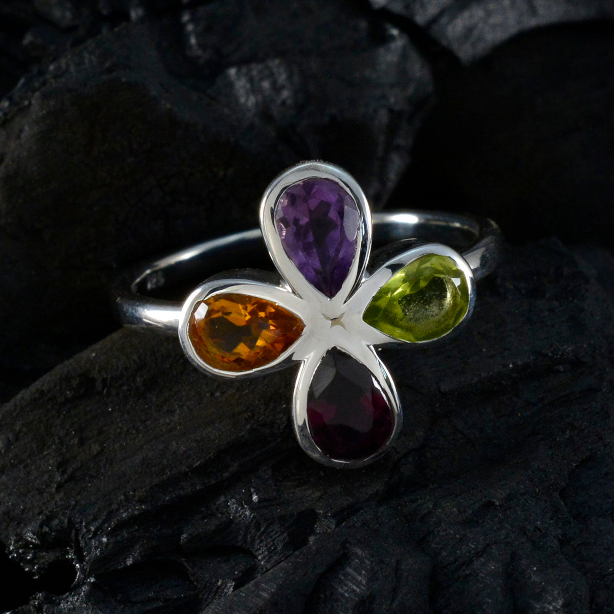 Multi Stone quarter Korean 92.5 Silver multicolor Gems Dainty Floral Ring Jewellery