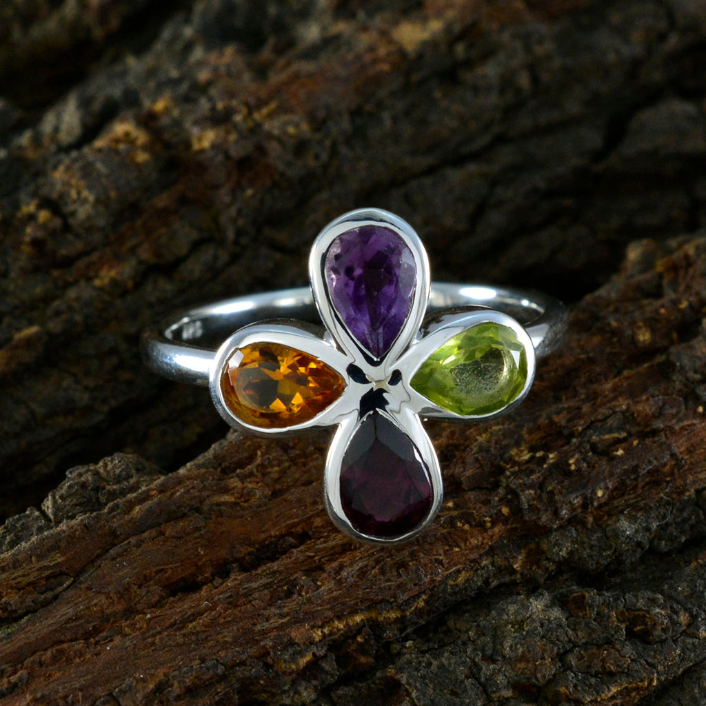 Multi Stone quarter Korean 92.5 Silver multicolor Gems Dainty Floral Ring Jewellery
