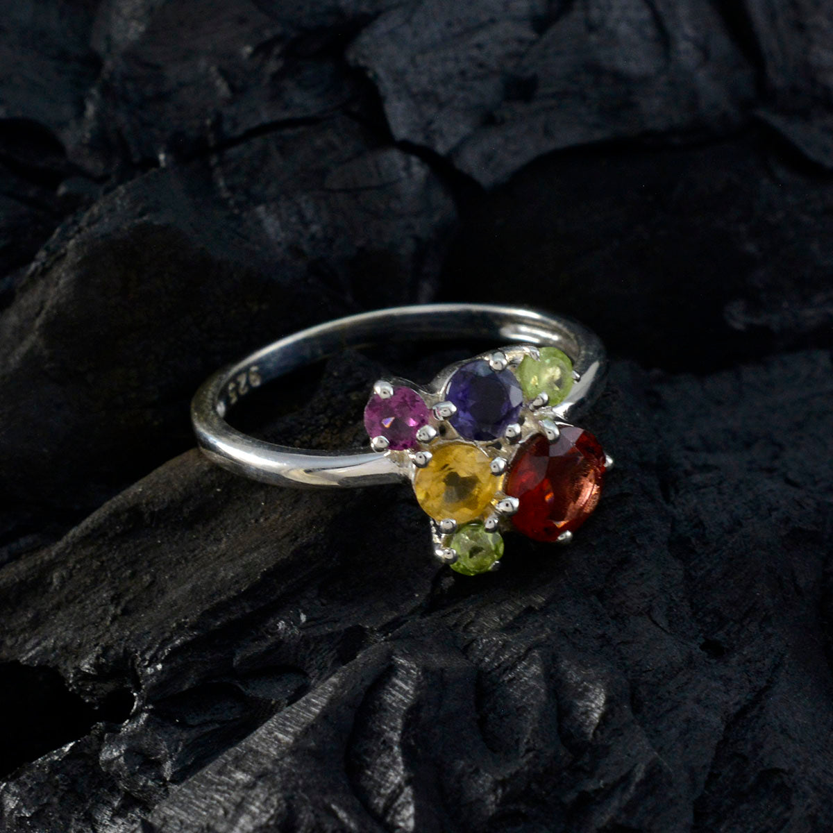 Multi Stone Hexa Japanese Silver multicolor Gemstones Whisper thin Feminine Ring Jewellery