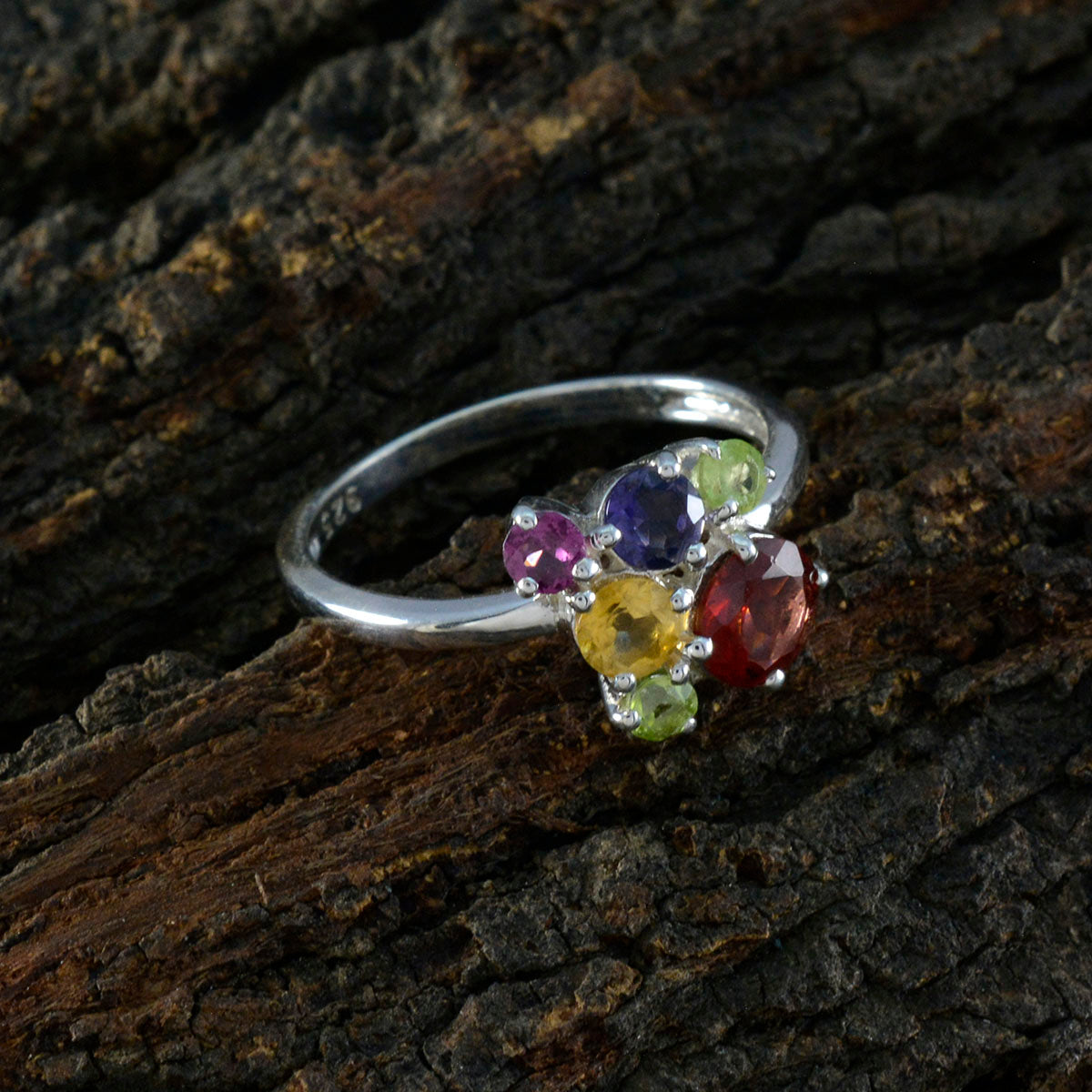 Multi Stone Hexa Japanese Silver multicolor Gemstones Whisper thin Feminine Ring Jewellery