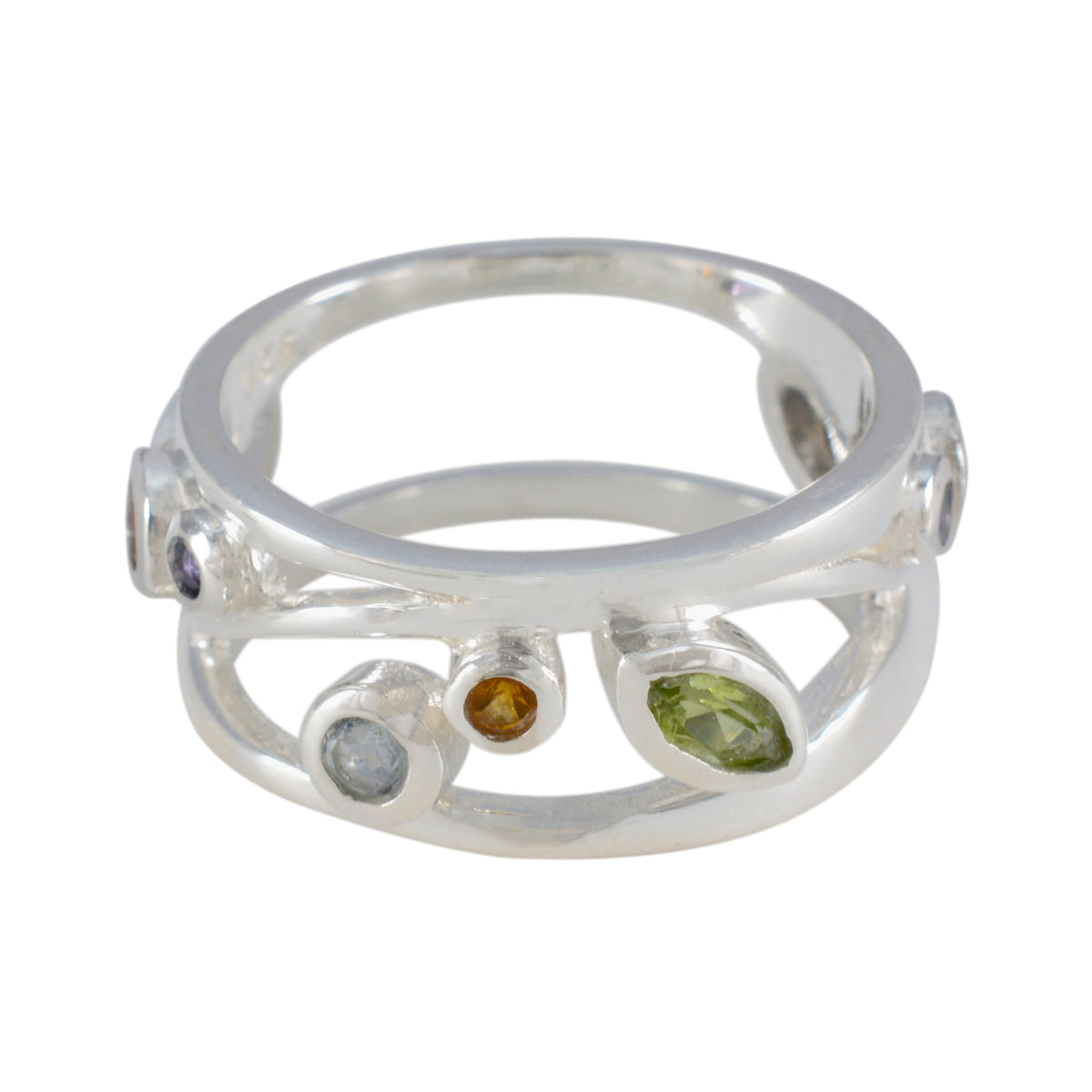 Multi Stone multiple Russian Silver multicolor Gemstone Mid weight Bubble Band Jewellery