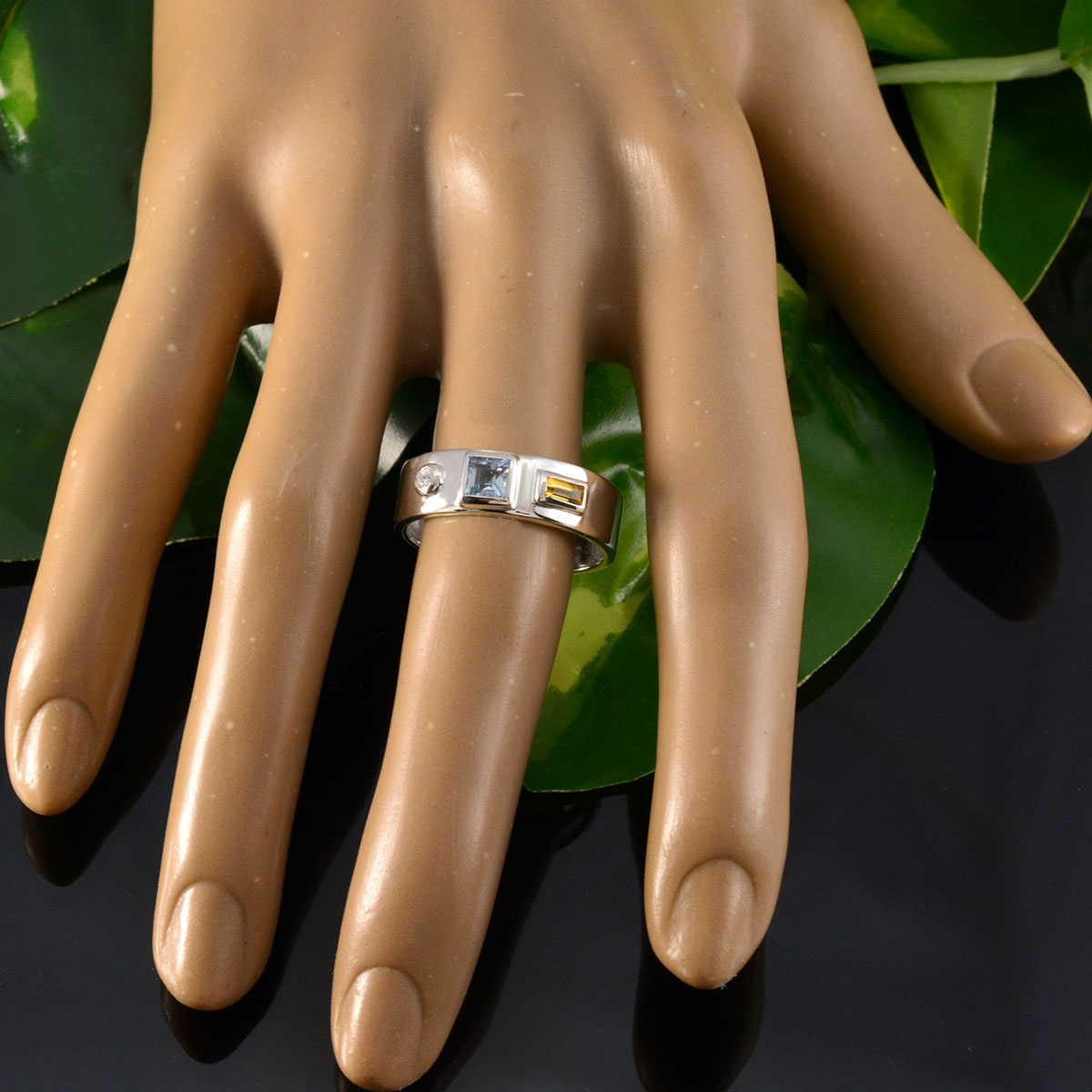 Multi Stone Trilogy Russian 92.5 Silver multicolor Gemstones Tiny Abstract Band Jewelry