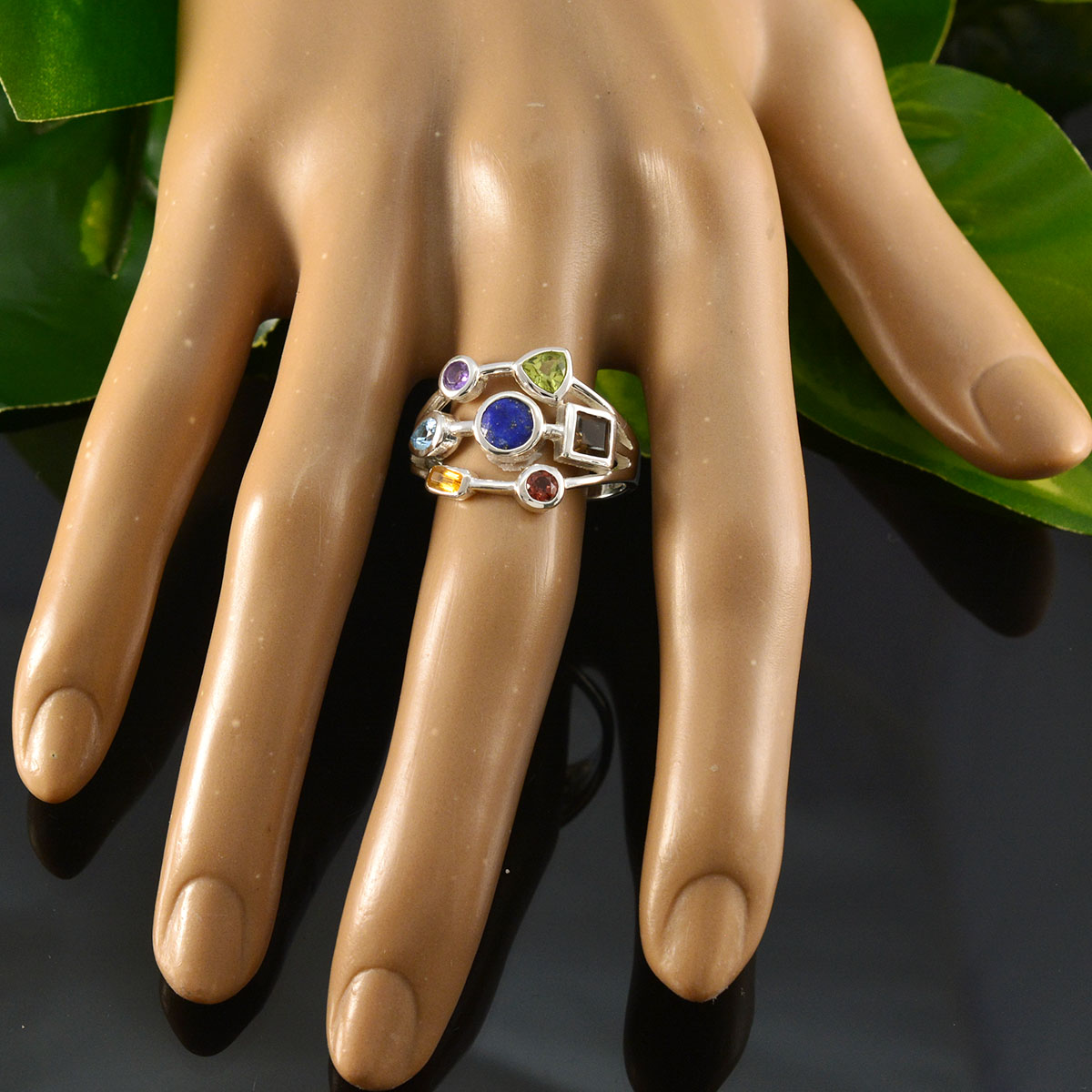 Multi Stone Hepta German 92.5 Silver multicolor Gemstone Featherlight Modern Ring Jewelry