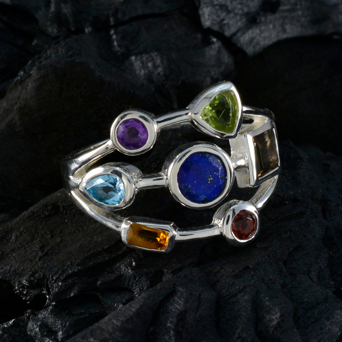 Multi Stone Hepta German 92.5 Silver multicolor Gemstone Featherlight Modern Ring Jewelry
