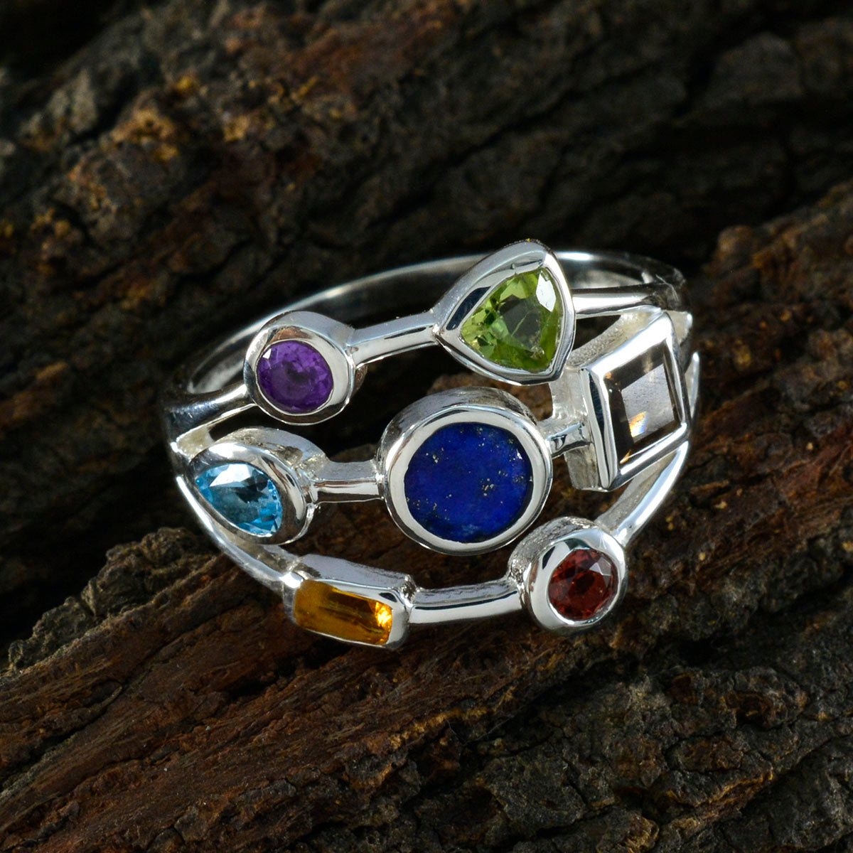 Multi Stone Hepta German 92.5 Silver multicolor Gemstone Featherlight Modern Ring Jewelry