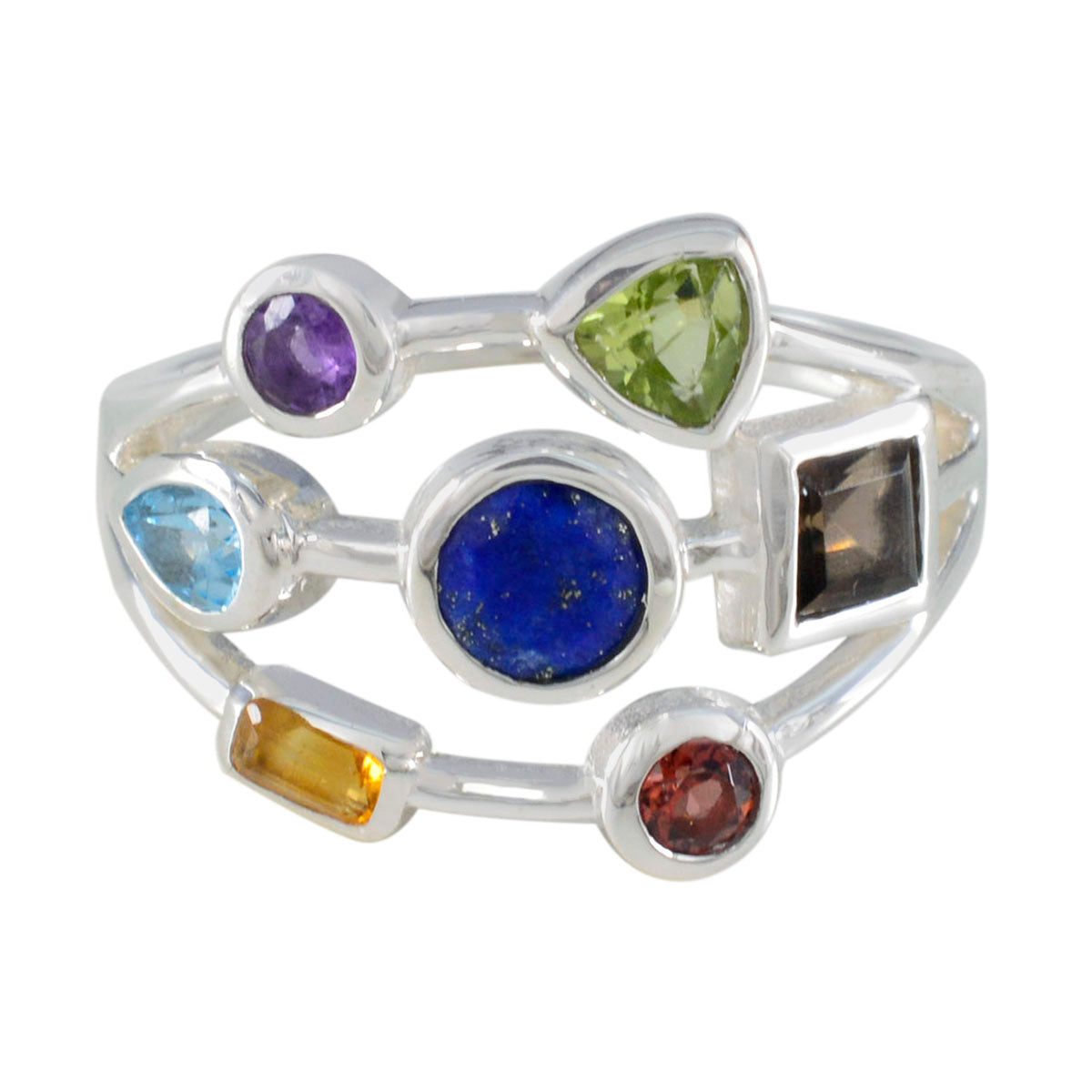 Multi Stone Hepta German 92.5 Silver multicolor Gemstone Featherlight Modern Ring Jewelry