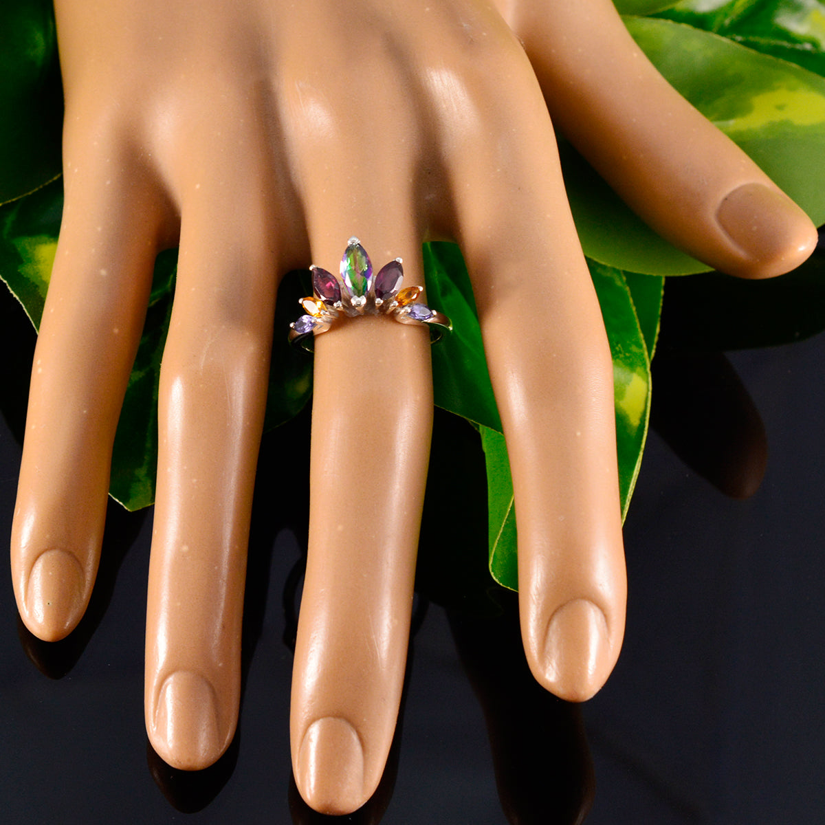 Multi Stone Hepta Turkish Sterling Silver multicolor Gems Dainty crown Ring Jewellery