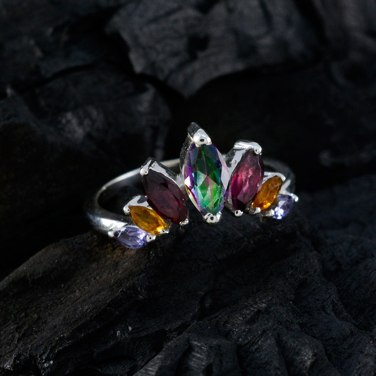 Multi Stone Hepta Turkish Sterling Silver multicolor Gems Dainty crown Ring Jewellery