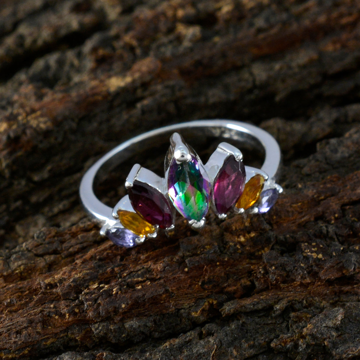 Multi Stone Hepta Turkish Sterling Silver multicolor Gems Dainty crown Ring Jewellery
