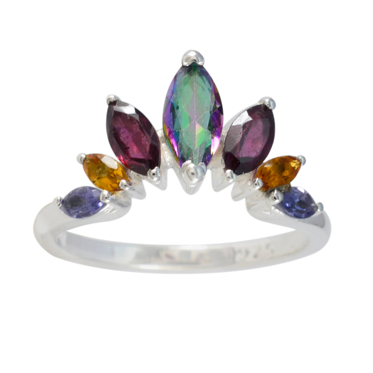 Multi Stone Hepta Turkish Sterling Silver multicolor Gems Dainty crown Ring Jewellery Immagine principale del prodotto