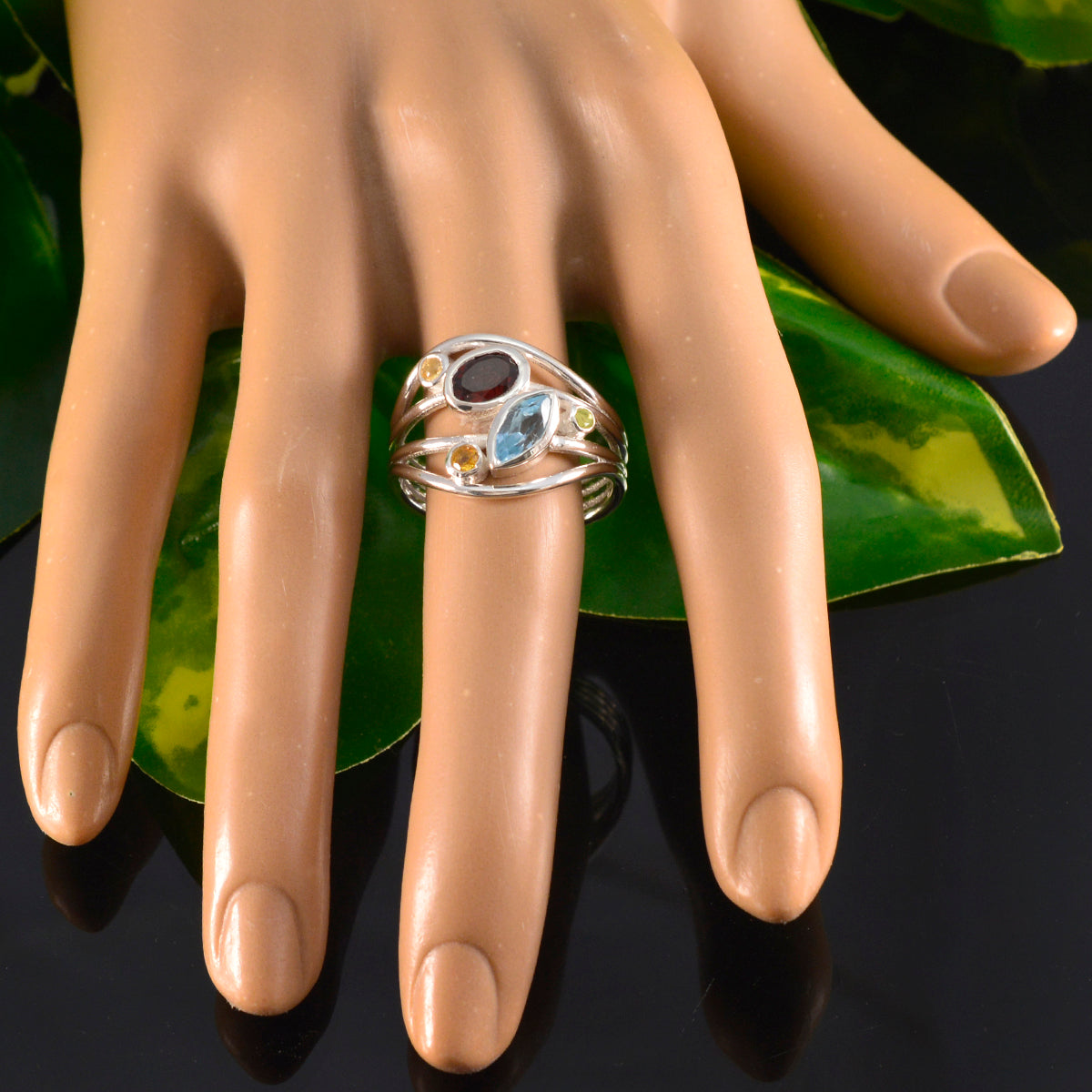 Multi Stone Penta African 92.5 Silver multicolor Gemstone Eye catching Modern Ring Jewellery