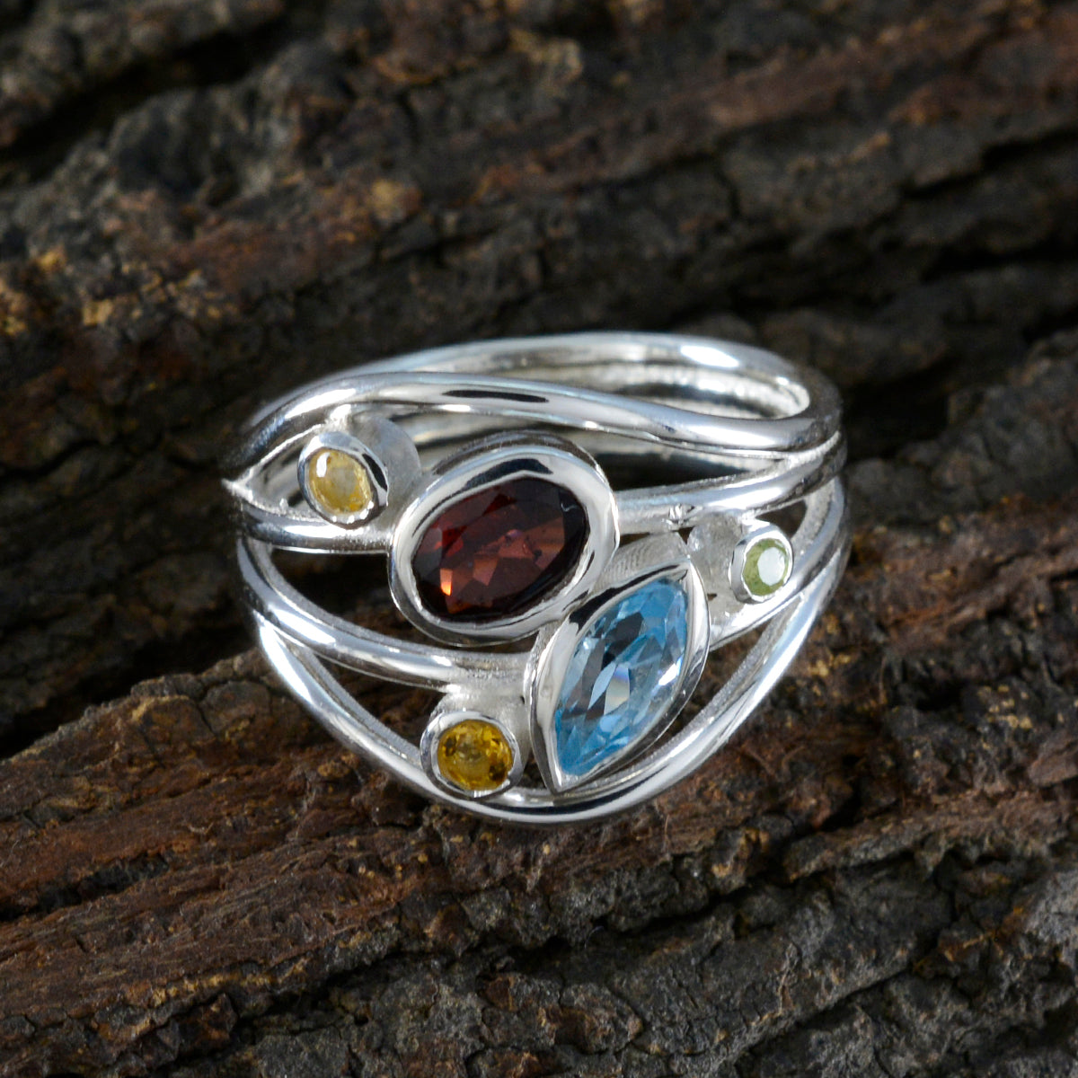 Multi Stone Penta African 92.5 Silver multicolor Gemstone Eye catching Modern Ring Jewellery