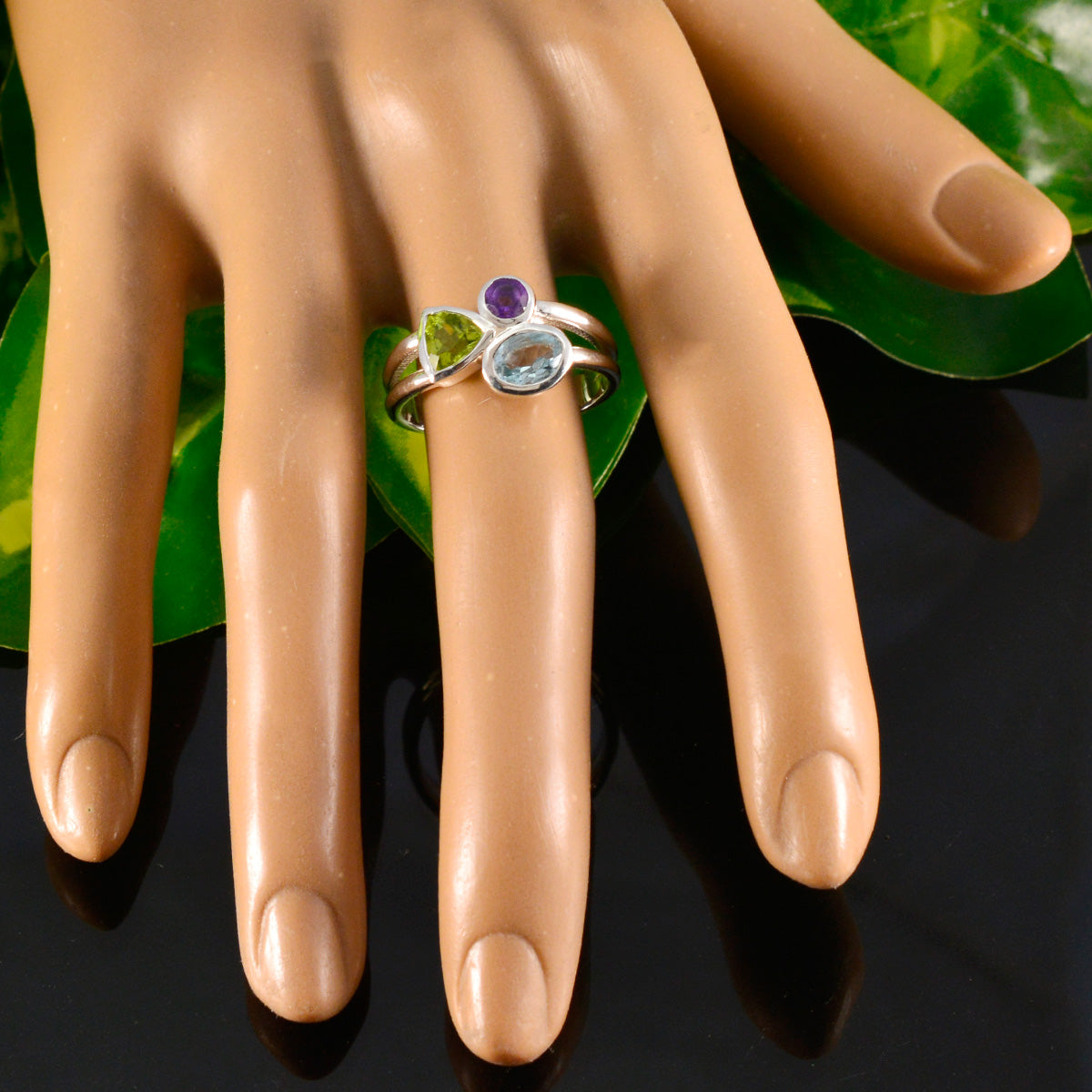 Multi Stone Trilogy Russian 925 Sterling Silver multicolor Gemstones Minimal Abstract Ring Jewelry