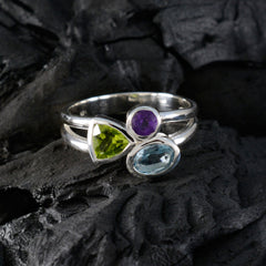 Multi Stone Trilogy Russian 925 Sterling Silver multicolor Gemstones Minimal Abstract Ring Jewelry