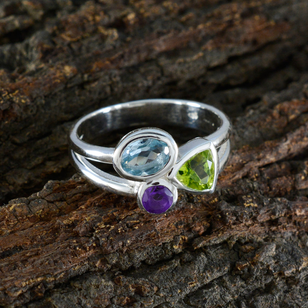 Multi Stone Trilogy Russian 925 Sterling Silver multicolor Gemstones Minimal Abstract Ring Jewelry