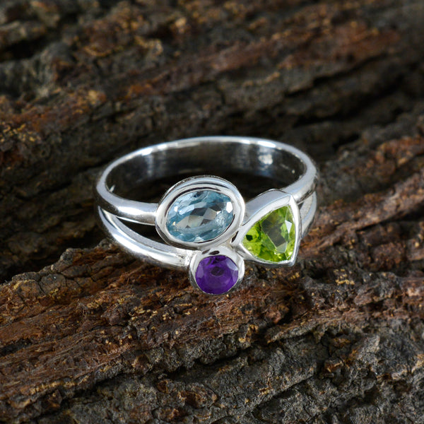 Multi Stone Trilogy Russian 925 Sterling Silver multicolor Gemstones Minimal Abstract Ring Jewelry