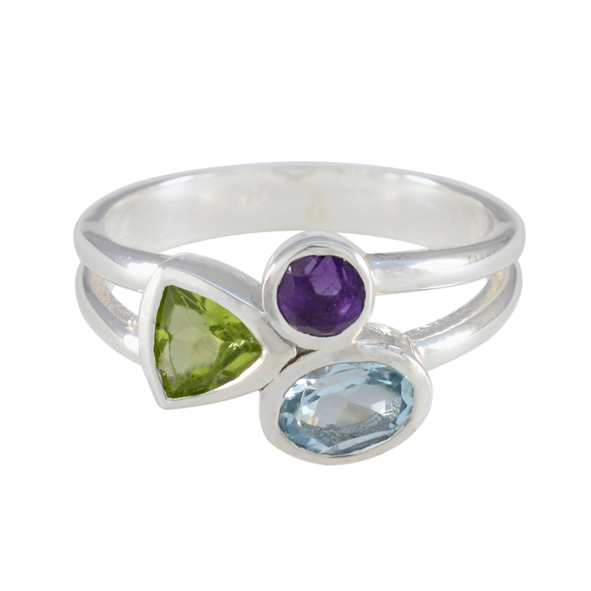 Multi Stone Trilogy Russian 925 Sterling Silver multicolor Gemstones Minimal Abstract Ring Jewelry