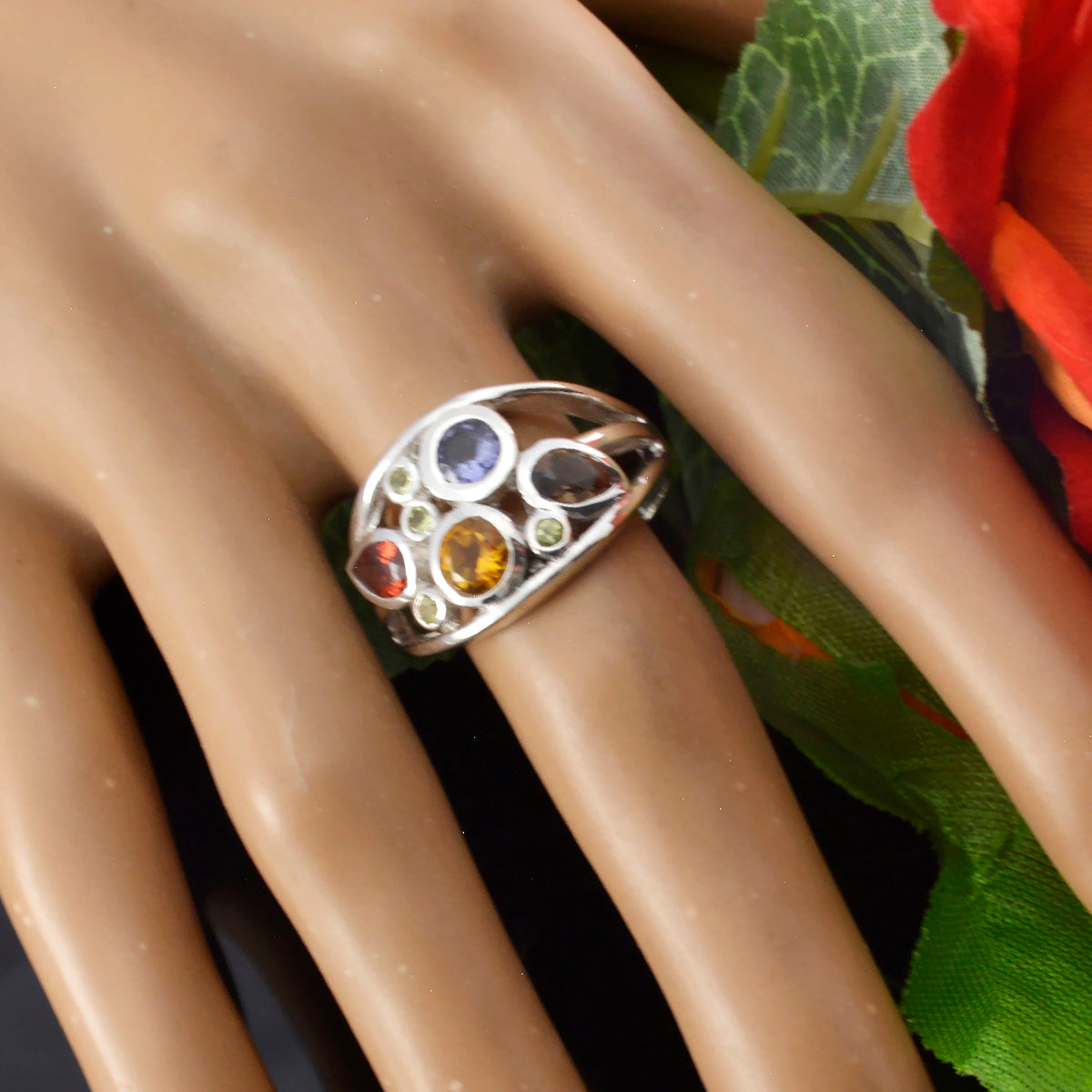 Multi Stone quarter Moroccan Silver multicolor Gemstones Minimal Modern Ring Jewellery