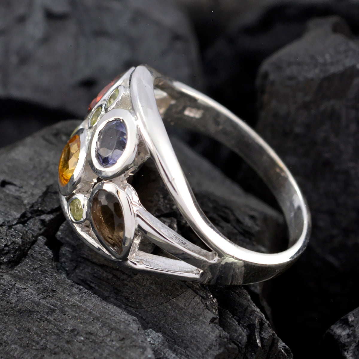 Multi Stone quarter Moroccan Silver multicolor Gemstones Minimal Modern Ring Jewellery