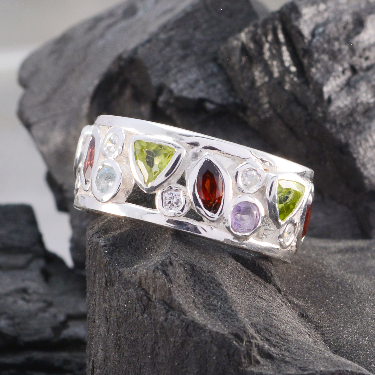 Multi Stone multiple French 925 Silver multicolor Gemstone Versatile Eternity Band Jewellery