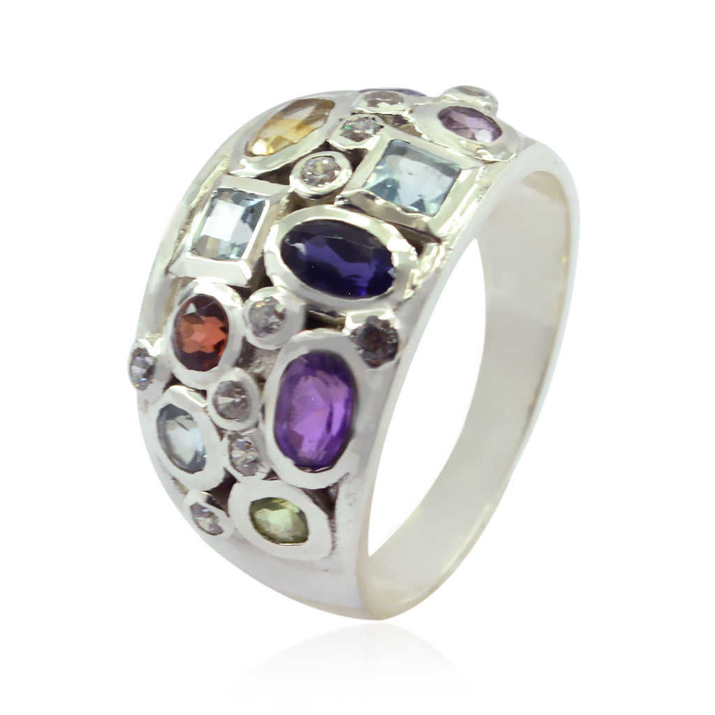 Multi Stone multiple African Silver multicolor Gemstone Mid weight Sophisticated Ring Jewelry