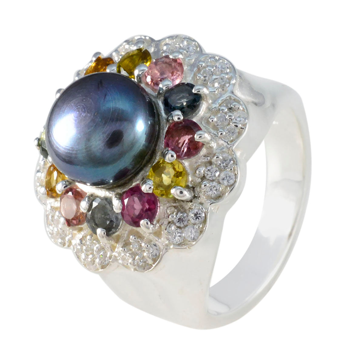Multi Stone Halo French 925 Sterling Silver multicolor Gems Statement Cocktail Ring Jewellery