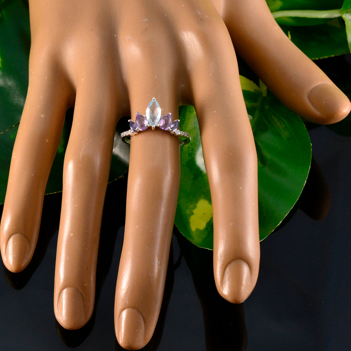 Multi Stone Penta Japanese Sterling Silver multicolor Gemstone Elegant  crown Ring Jewellery