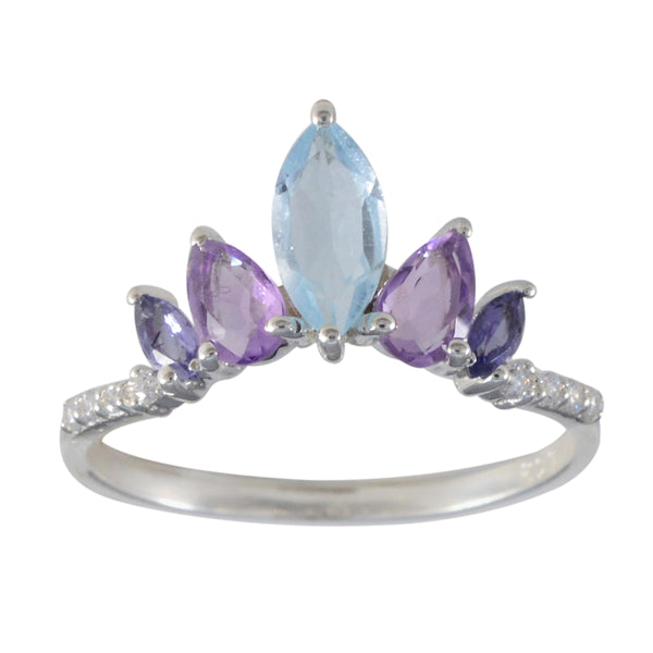 Multi Stone Penta Japanischer Sterling Silber mehrfarbiger Edelstein Eleganter Kronenring Schmuck