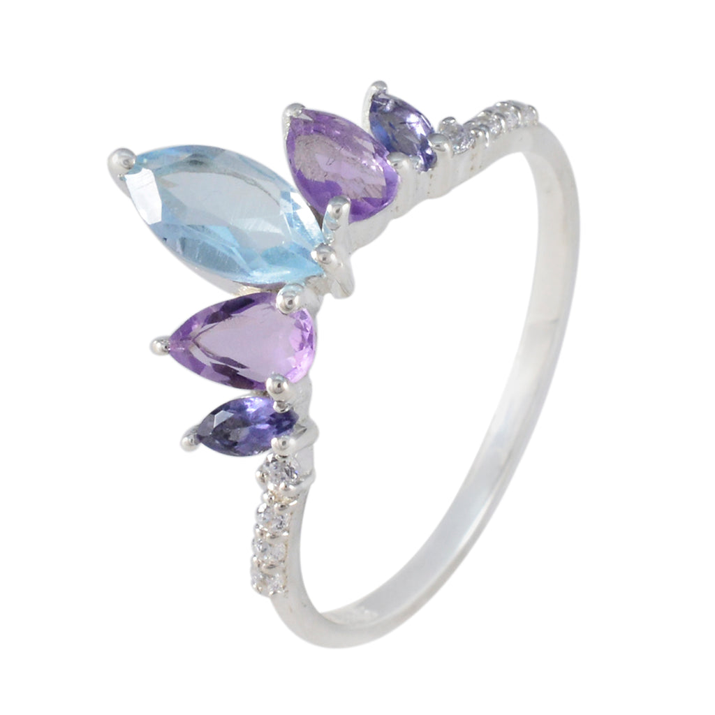Multi Stone Penta Japanese Sterling Silver multicolor Gemstone Elegant  crown Ring Jewellery