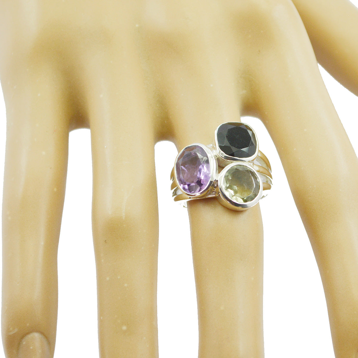 Multi Stone Trilogy Indian Sterling Silver multicolor Gemstones Mid weight Cocktail Ring Jewellery