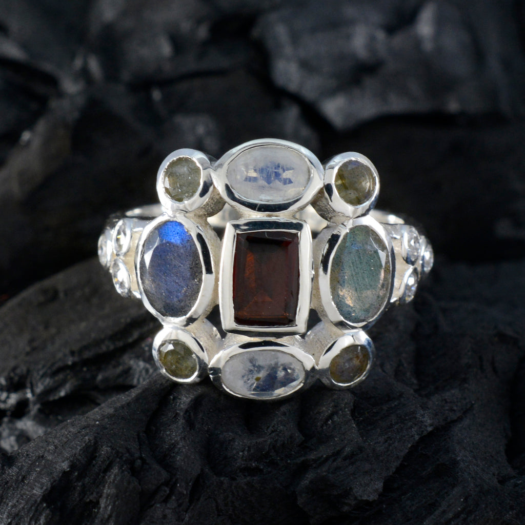 Multi Stone Navratna Indian 925 Silver multicolor Gems Classic Cocktail Ring Jewelry