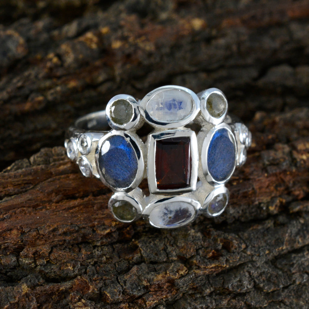 Multi Stone Navratna Indian 925 Silver multicolor Gems Classic Cocktail Ring Jewelry