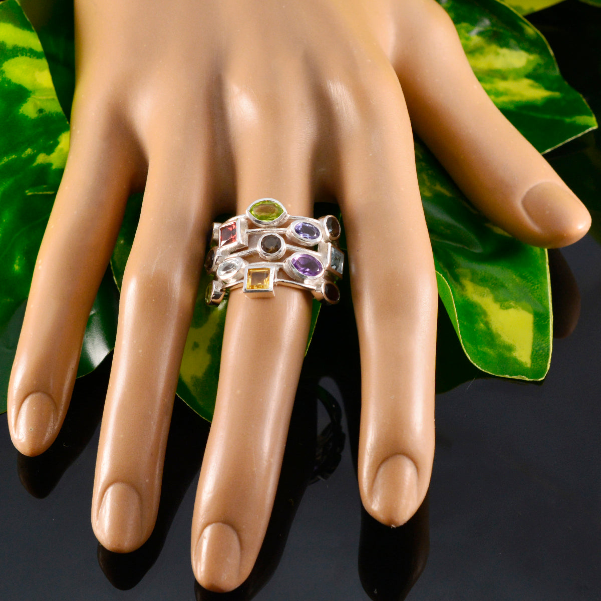 Multi Stone multiple African Silver multicolor Gemstone Eye catching Cocktail Ring Jewellery