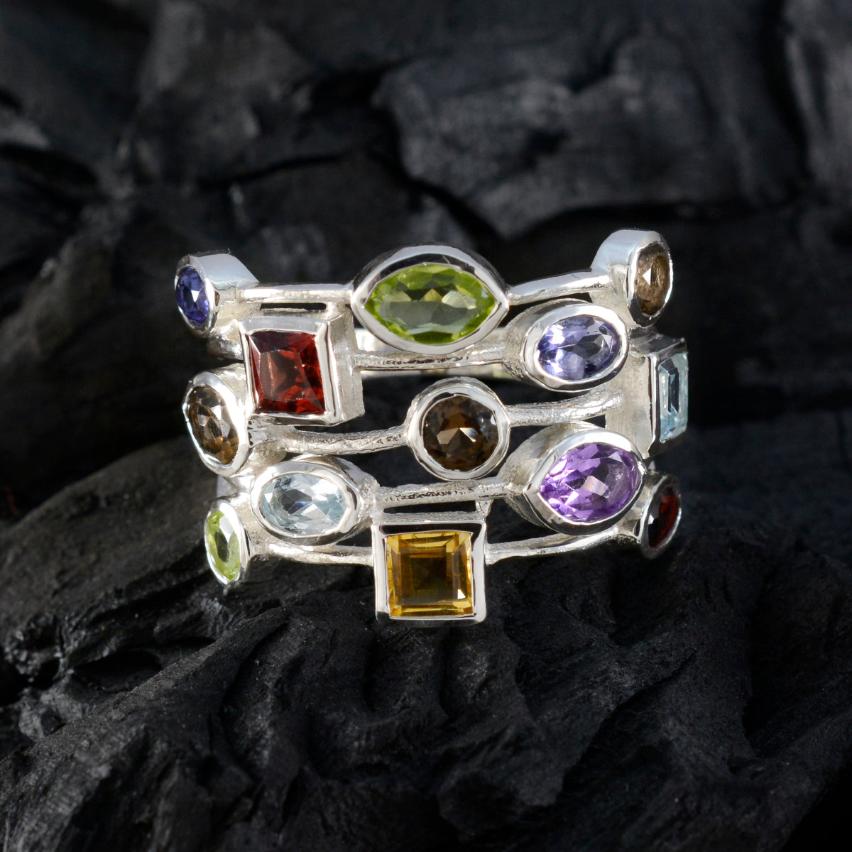 Multi Stone multiple African Silver multicolor Gemstone Eye catching Cocktail Ring Jewellery