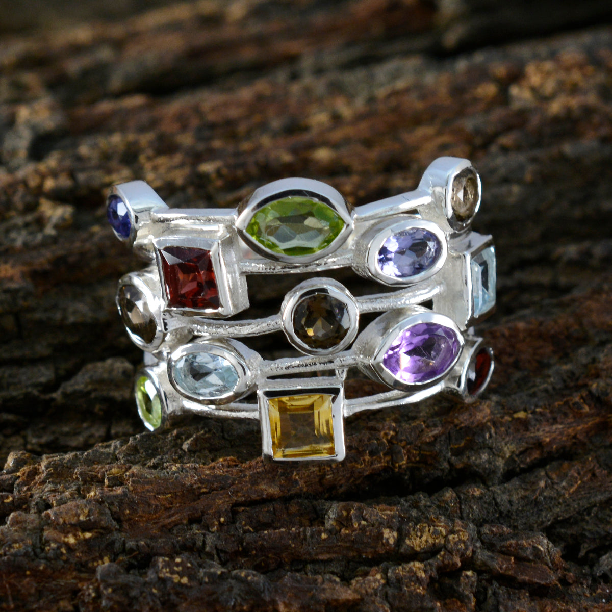 Multi Stone multiple African Silver multicolor Gemstone Eye catching Cocktail Ring Jewellery