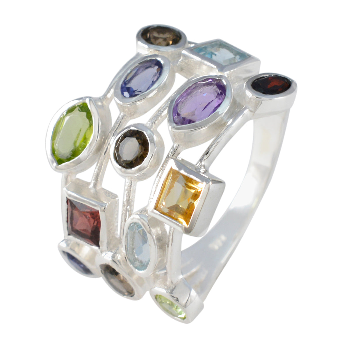 Multi Stone multiple African Silver multicolor Gemstone Eye catching Cocktail Ring Jewellery