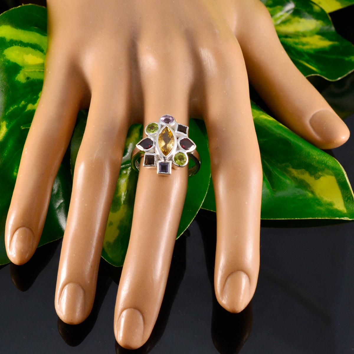 Multi Stone navratna African Sterling Silver multicolor Gemstones Eye catching Cocktail Ring Jewellery