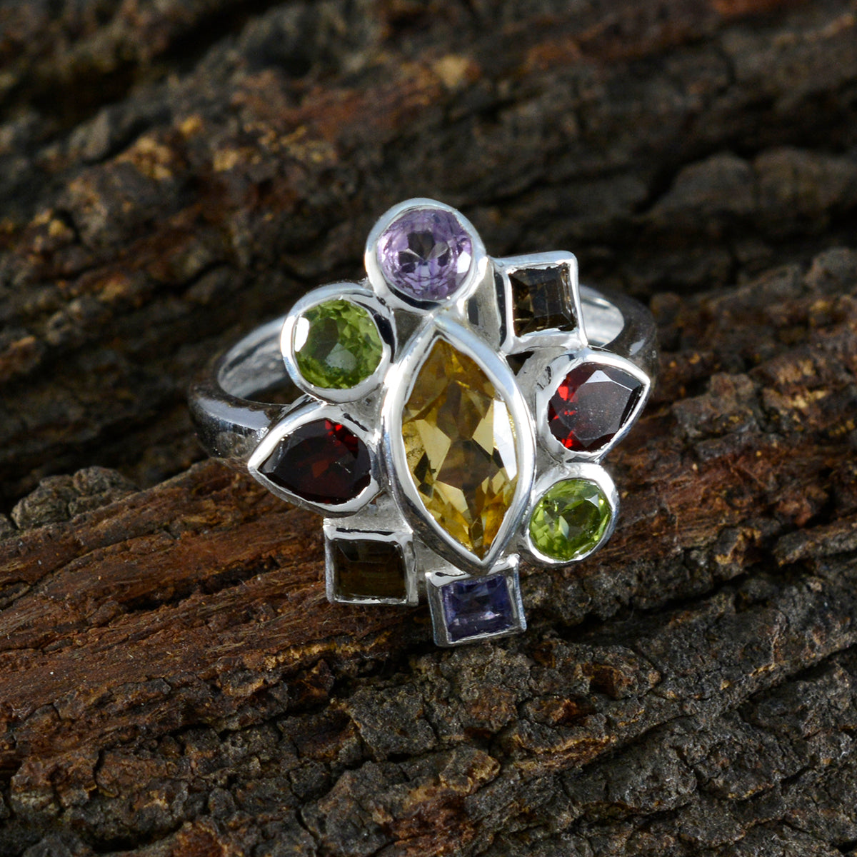 Multi Stone navratna African Sterling Silver multicolor Gemstones Eye catching Cocktail Ring Jewellery