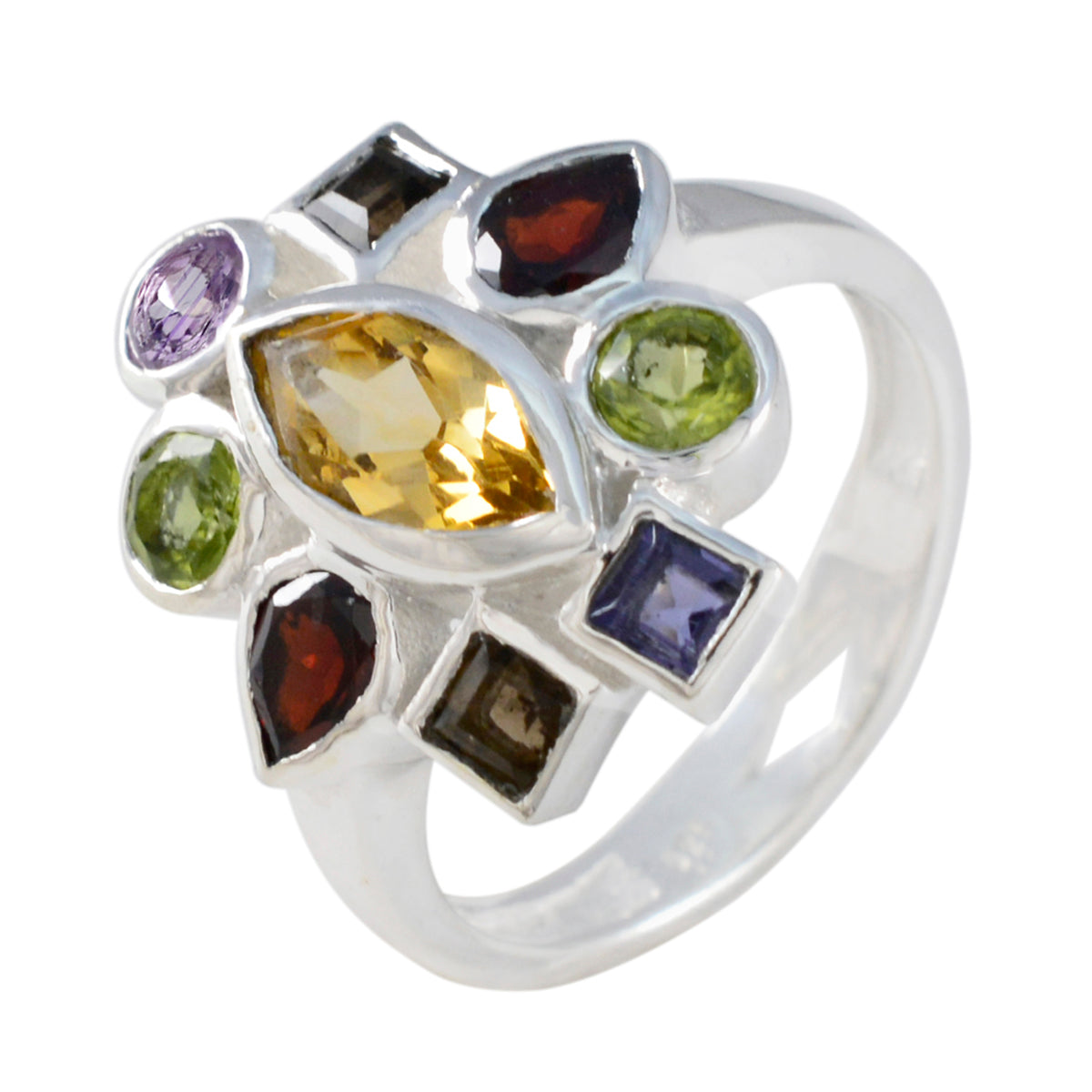 Multi Stone Navratna Afrikanischer Sterling Silber Multicolor Edelsteine Auffälliger Cocktailring Schmuck Zweitbild