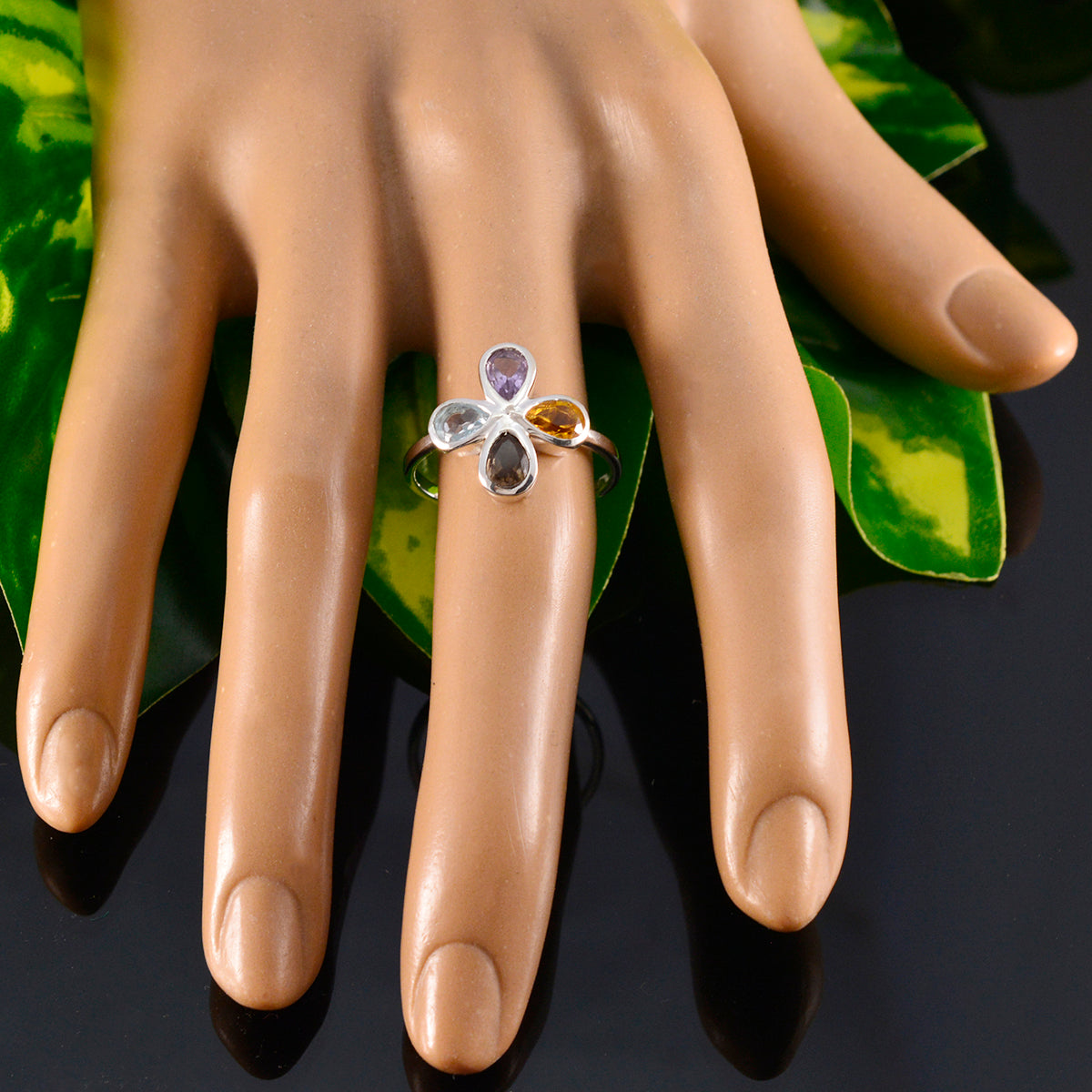 Multi Stone quarter Japanese Silver multicolor Gems Dainty Floral Ring Jewelry