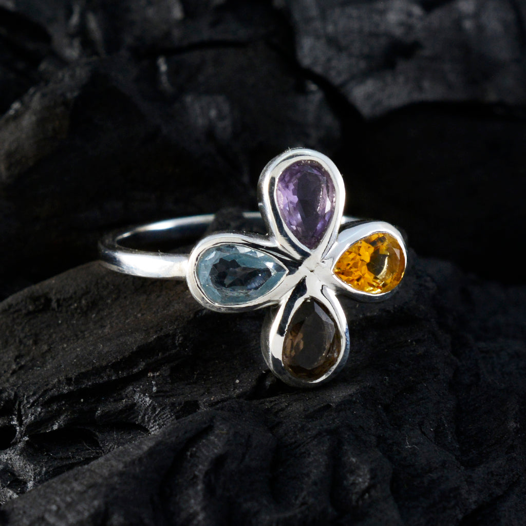 Multi Stone quarter Japanese Silver multicolor Gems Dainty Floral Ring Jewelry