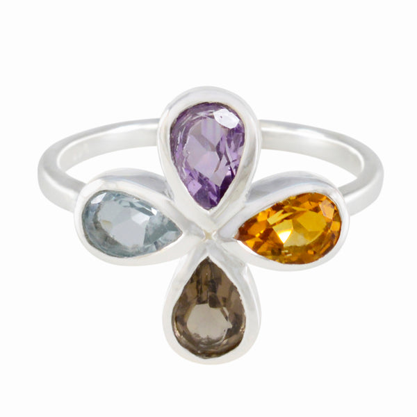 Multi Stone quarter Japanese Silver multicolor Gems Dainty Floral Ring Jewelry