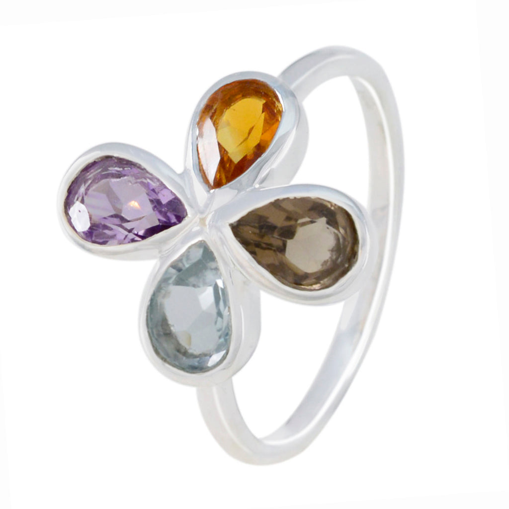 Multi Stone quarter Japanese Silver multicolor Gems Dainty Floral Ring Jewelry
