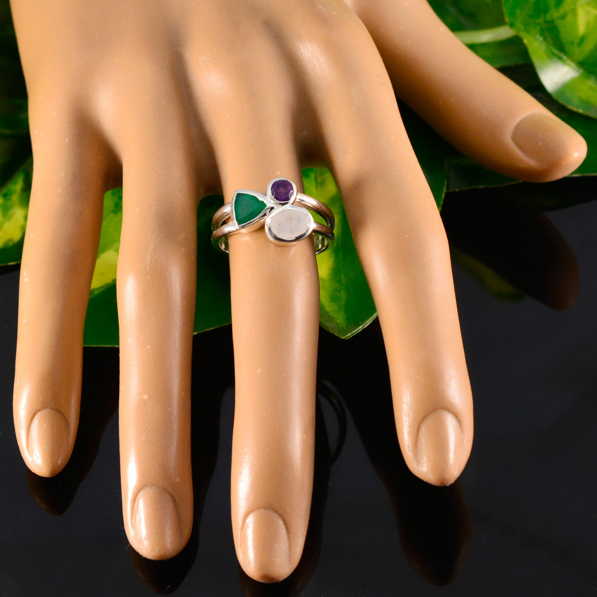 Multi Stone Trilogy German Sterling Silver multicolor Gemstones Minimal Sophisticated Ring Jewellery